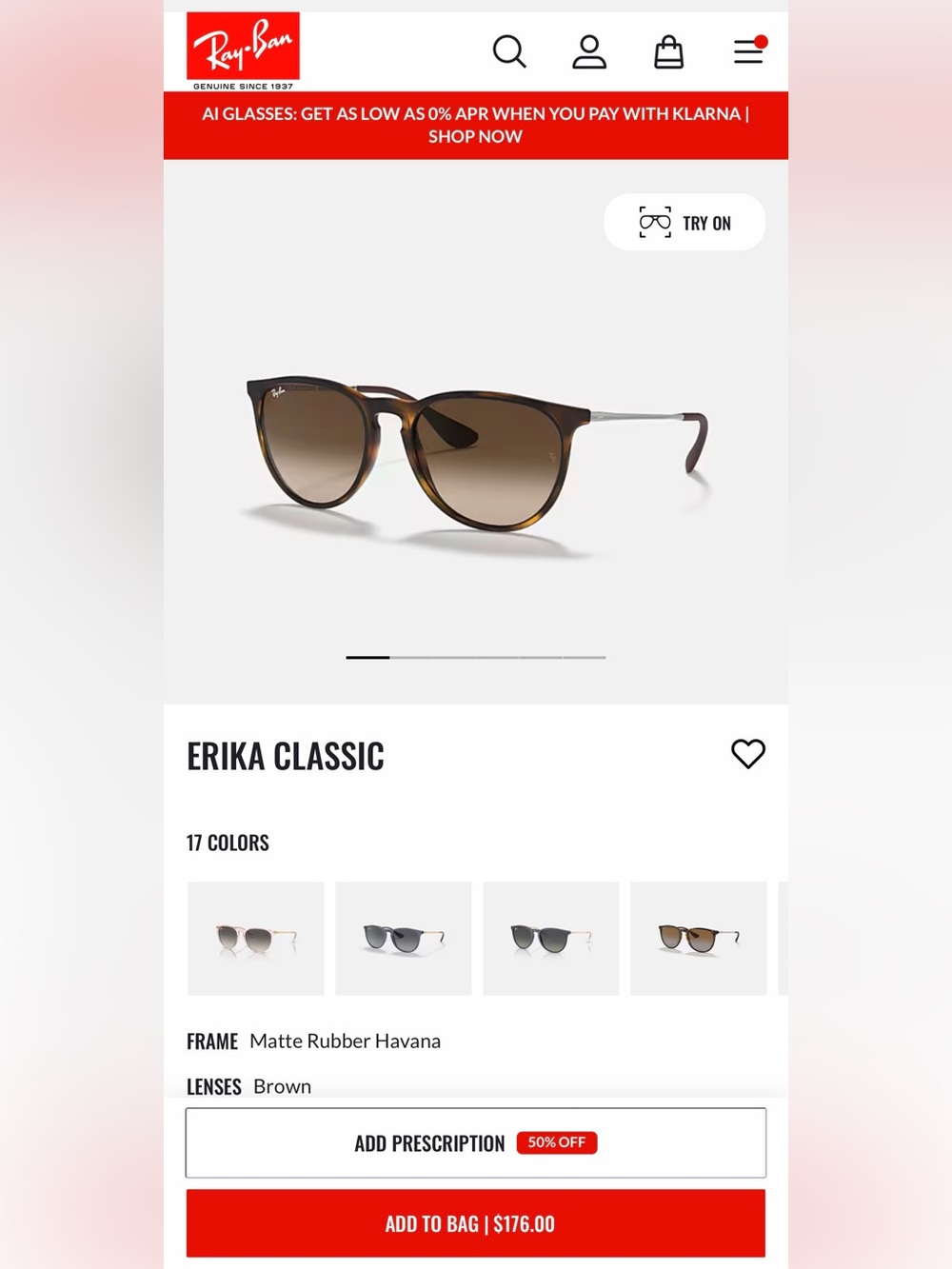 BRAND NEW Ray-Ban Erika Classic Matte Rubber Havana Sunglasses - Brown Gradient